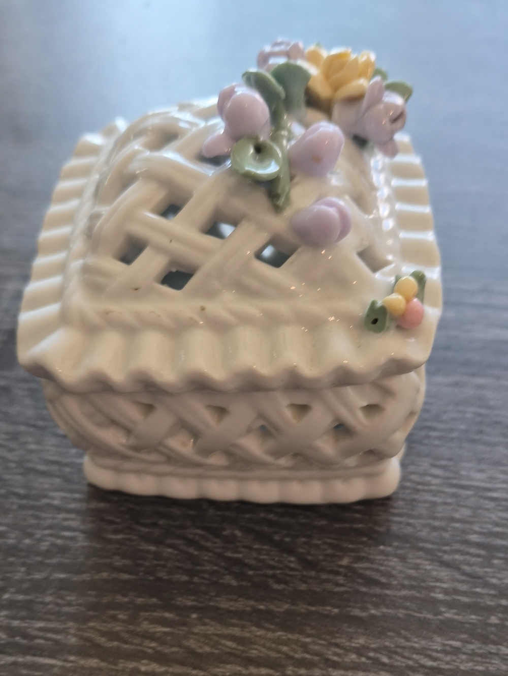 Decorative Porcelain Trinket Box with Pastel Floral Accent - White